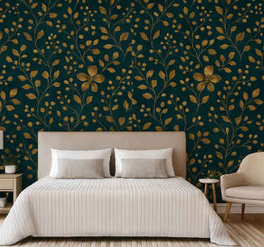 Papel pintado dormitorio matrimonio diseño azul oscuro con flores - TenVinilo