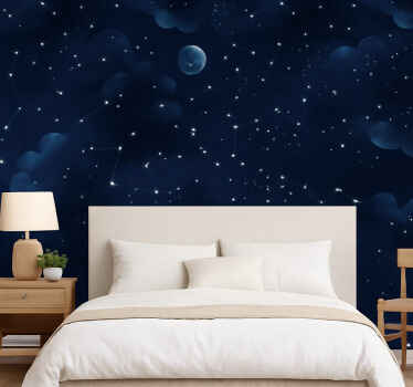 Papel pintado dormitorio matrimonio cielo azul con estrellas - TenVinilo