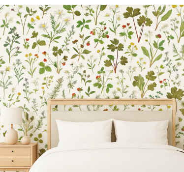 Papel pintado dormitorio matrimonio diseño botánico fondo blanco - TenVinilo