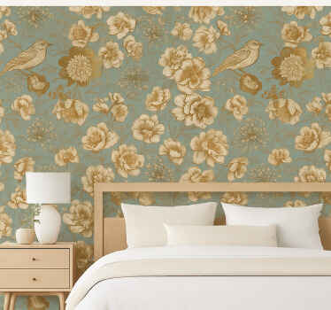 Master bedroom wallpaper grey background with gold flowers - TenStickers