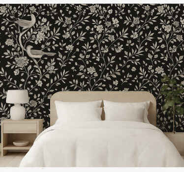 Master bedroom wallpaper grey tree with flowers and birds - TenStickers