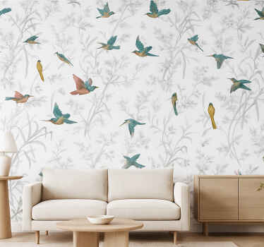 Living room wallpaper textile paradise bird leaf design - TenStickers