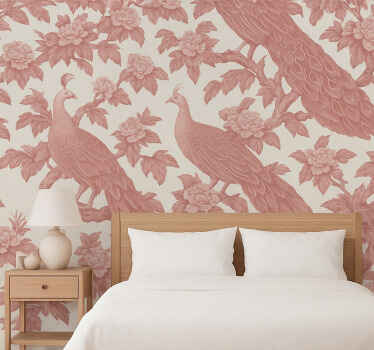 Papel pintado dormitorio matrimonio patrón de pavos rosas - TenVinilo