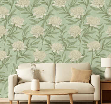 Living room wallpaper white protea-style blossoms - TenStickers