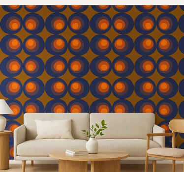 Living room wallpaper retro dark blue yellow circles - TenStickers