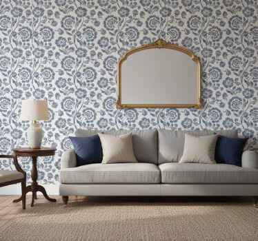 Kék virágok fehér háttérrel viktoriánus stílusú tapéta - TenStickers