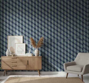 Papel tapiz para recámara patrón cubo retro en azules - TenVinilo