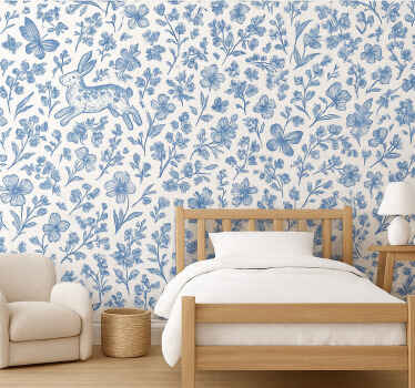 Papel tapiz flores y conejos retro elegantes azules - TenVinilo