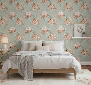 Bedroom wallpaper vintage roses on mint green - TenStickers