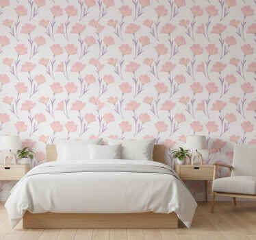 Bedroom wallpaper with minimalistic watercolor flowers - TenStickers