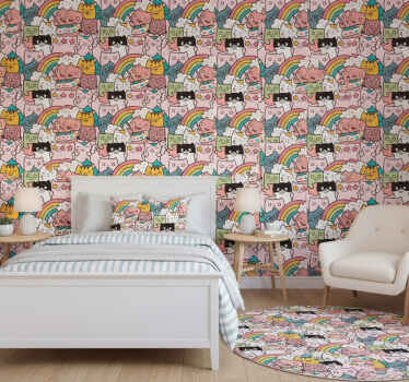 Slaapkamer behang katten doodles pastelkleuren patroon - TenStickers