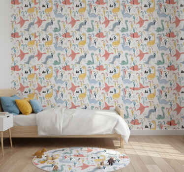 Bedroom wallpaper with colorful dinosaurs and trees - TenStickers