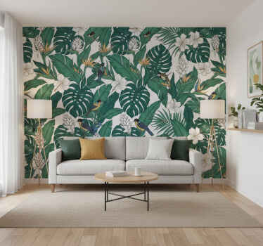 Flower wallpaper in jungle petrol green design - TenStickers