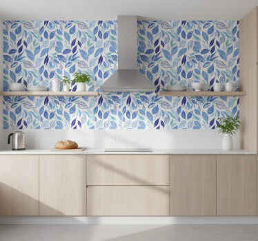 Flower wallpaper with blue leaf drawings - TenStickers