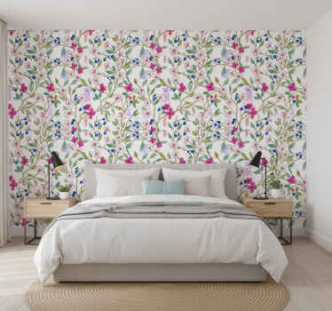 Flower wallpaper colourful blooming branches - TenStickers