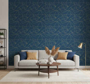 Papel tapiz azul líneas geométricas doradas - TenVinilo