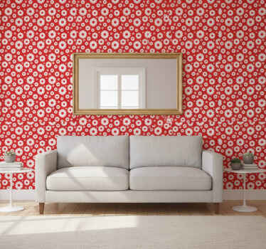 Papel tapiz rojo margaritas blancas sobre fondo rojo - TenVinilo