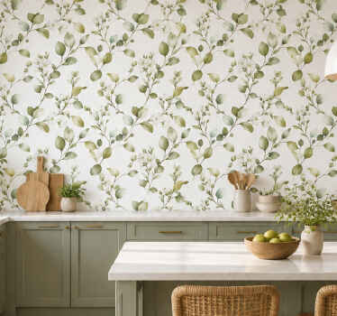Papel tapiz cocina patrón botánico verde - TenVinilo
