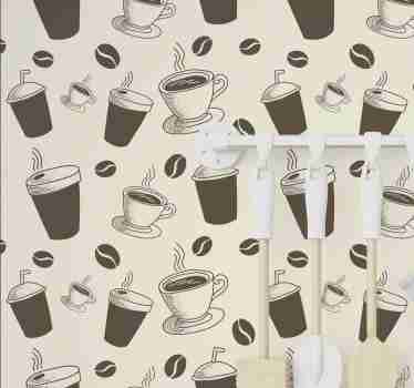 Coffee bean and cups pattern kitchen wallpaper - TenStickers