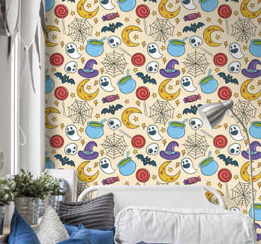 Papel tapiz Halloween patrón colorido espeluznante - TenVinilo