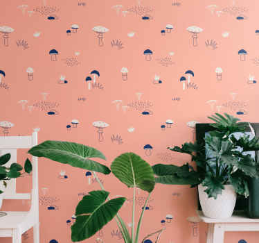 Nature wallpaper which features various shapes of mushrooms, rocks and grass which all look like they have been hand drawn.