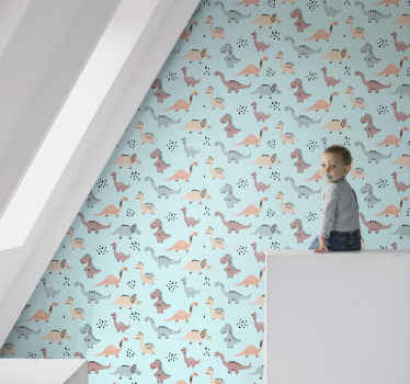 papel pintado infantil fondo azul y dinosaurio - TenVinilo
