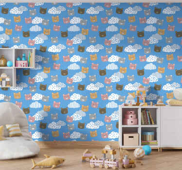 Papel pintado infantil de ositos y nubes - TenVinilo