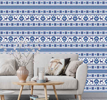 Blue and White folk pattern Christmas wallpaper - TenStickers