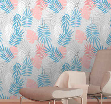 Papel pintado hojas monstera azul y rosa - TenVinilo