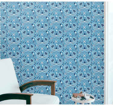 Papel tapiz azul motivo de azulejo adornado - TenVinilo