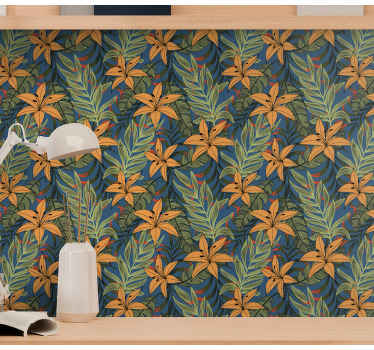 Papel pintado selva Selva floral en fondo azul - TenVinilo