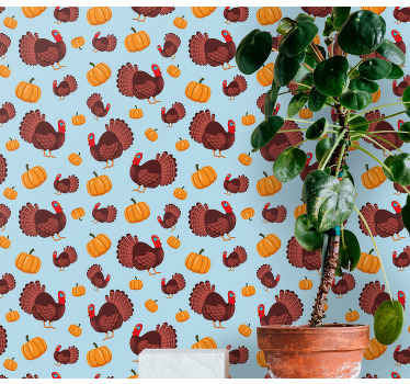 Brown turkeys and pumpkins Animal Wallpaper - TenStickers