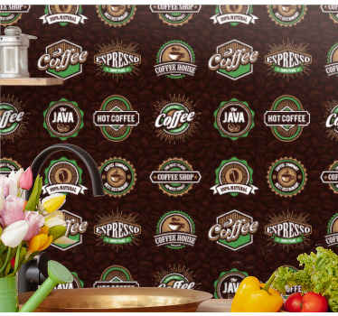 Papel pintado cocina patrón de emblema de café - TenVinilo