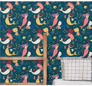 Mörkblå sjöjungfru mönster abstrakt tapet - Tenstickers