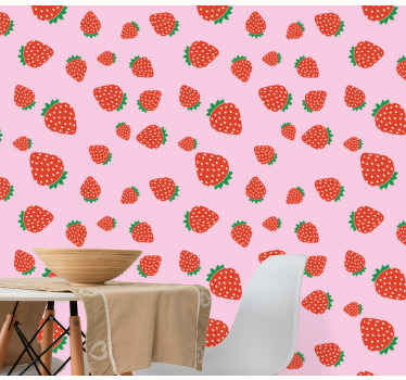 Papel pintado flores Patrón de fresas sobre fondo rosa - TenVinilo