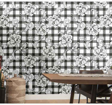 Papel tapiz floral tablero de ajedrez floral - TenVinilo