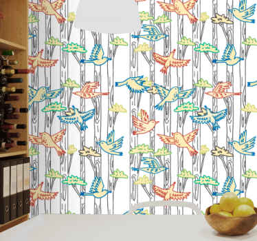 Ağaçlar arasında soyut uçan kuşlar duvar kağıdı - TenStickers