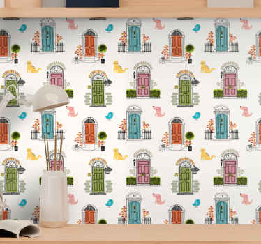 Papel pintado moderno Símbolos de animales y edificios. - TenVinilo