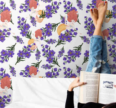 Papel pintado infantil Flores de diseño de sirena - TenVinilo