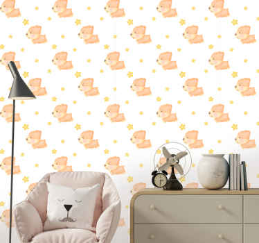 Yavru ve pembe yıldız desenli yatak odası duvar kağıdı - TenStickers