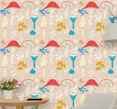 Red mushrooms beige background Flower Wallpaper - TenStickers