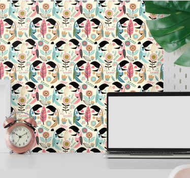 Blue nordic pastel leaves bedroom wallpaper - TenStickers