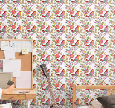 Rød oransje fugl på treet tapet soverom - Tenstickers