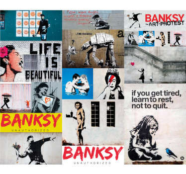 Have your own pieces of Banksy art in your home with this art wallpaper. This design features all of this well known pieces!