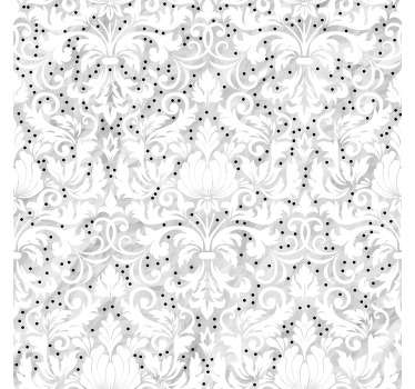 Papel pintado floral elegante para que las paredes de tu hogar cobren vida. Filigranas florales grises encima de un fondo gris y puntos negros. Compra.