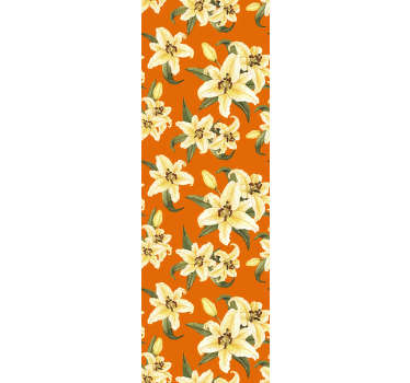 Acest tapet de natură magnific, cu un model de nuferi galbeni pe un fundal portocaliu va arăta spectaculos în camera de zi sau în sala de mese.