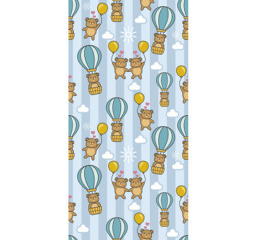 Designul acestui tapet de dormitor pentru copii arată o mulțime de urși drăguți care plutesc cu baloane în mâini. Puteți vedea, de asemenea, niște nori și inimi.