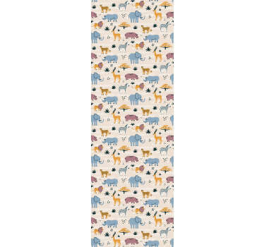 Decore o quarto dos seus filhos de uma maneira colorida e divertida com este papel de parede de animais com animais selvagens em cores diferentes, sobre um fundo rosa claro.