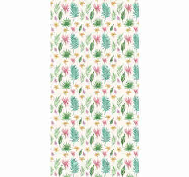 Dă-ți casei o atmosferă proaspătă cu acest tapet de natură uimitor, cu un model de flori desenate manual și frunze tropicale pe un fundal alb.