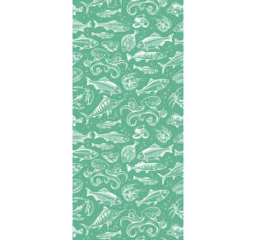 Um papel de parede verde com o produtode estampas de peixes subaquáticos. Esse produtocolocado na superfície da parede é tudo para criar uma aparência incrível e luxuosa.